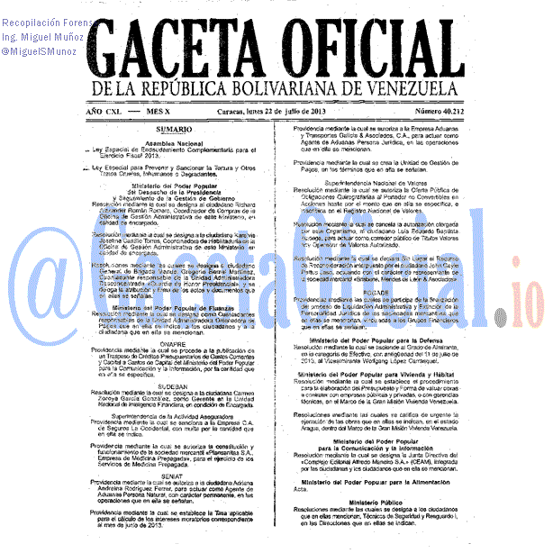Gaceta Oficial 40212 del 22 Julio 2013