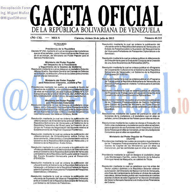 Gaceta Oficial 40215 del 26 Julio 2013