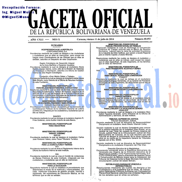 Gaceta Oficial 40452 del 11 Julio 2014 Gaceta Oficial 40452 del 11 Julio 2014