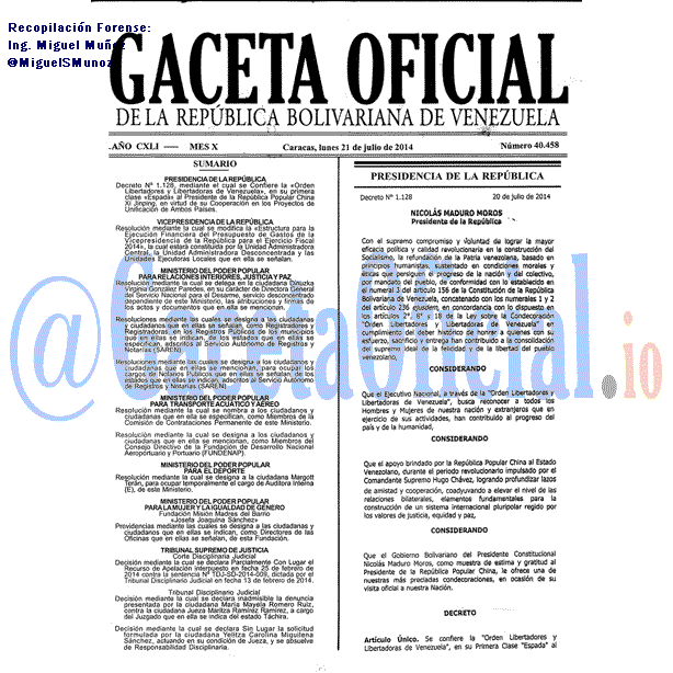 Gaceta Oficial 40458 del 21 Julio 2014