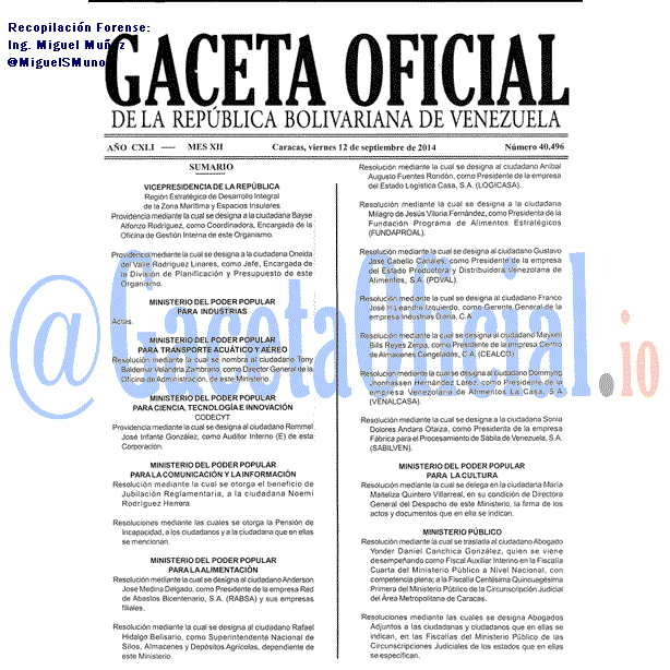 Gaceta Oficial 40496 del 12 Septiembre 2014