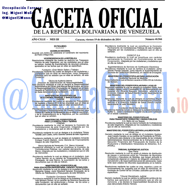 Gaceta Oficial 40566 del 19 Diciembre 2014