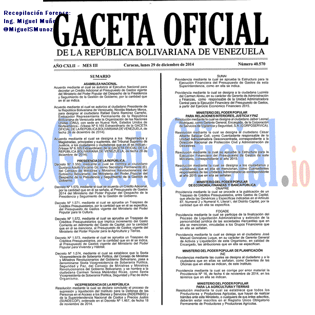 Gaceta Oficial 40570 del 29 Diciembre 2014