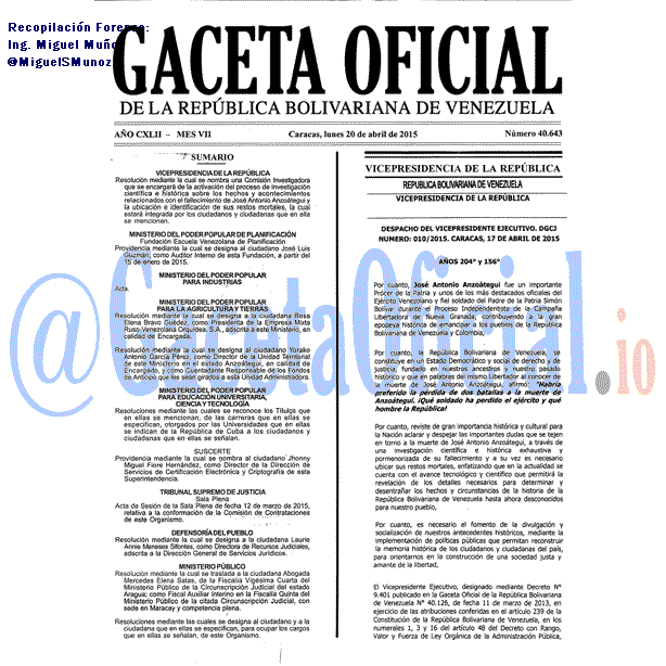 Gaceta Oficial 40643 del 20 Abril 2015
