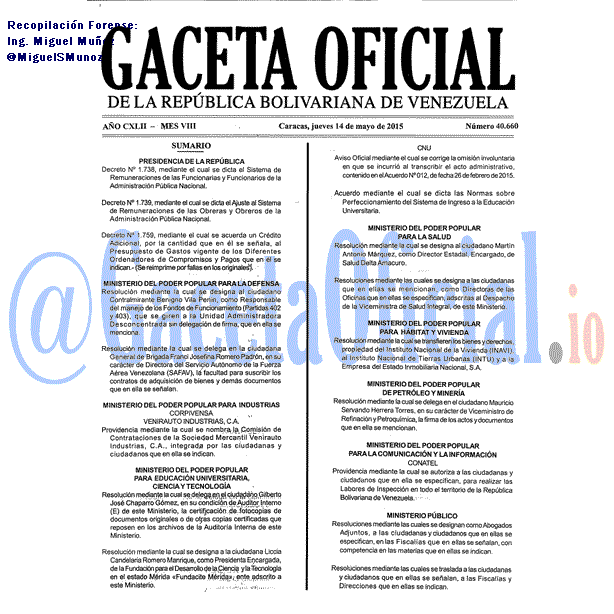 Gaceta Oficial 40660 del 14 mayo 2015