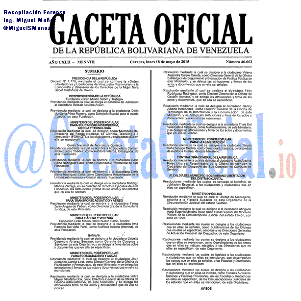 Gaceta Oficial 40662 del 18 mayo 2015