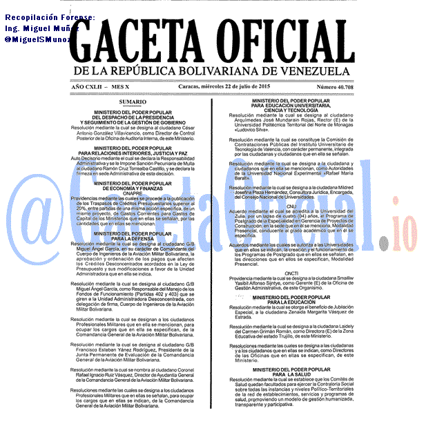 Gaceta Oficial 40708 del 22 julio 2015