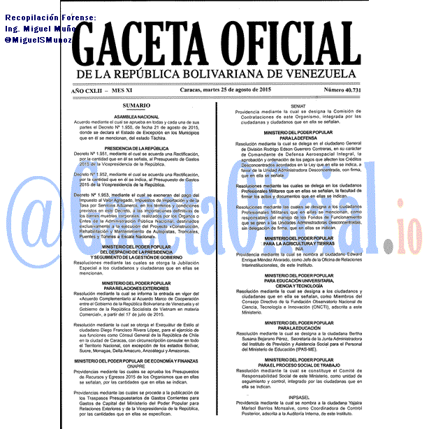 Gaceta Oficial 40731 del 25 agosto 2015