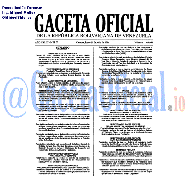 Gaceta Oficial 40941 del 11 julio 2016
