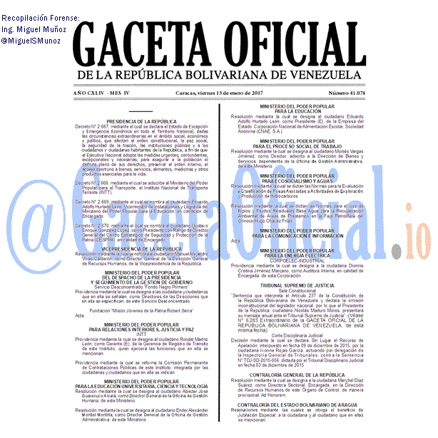 Gaceta Oficial 41074 del 13 enero 2017