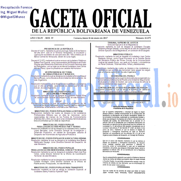 Gaceta Oficial 41075 del 16 enero 2017