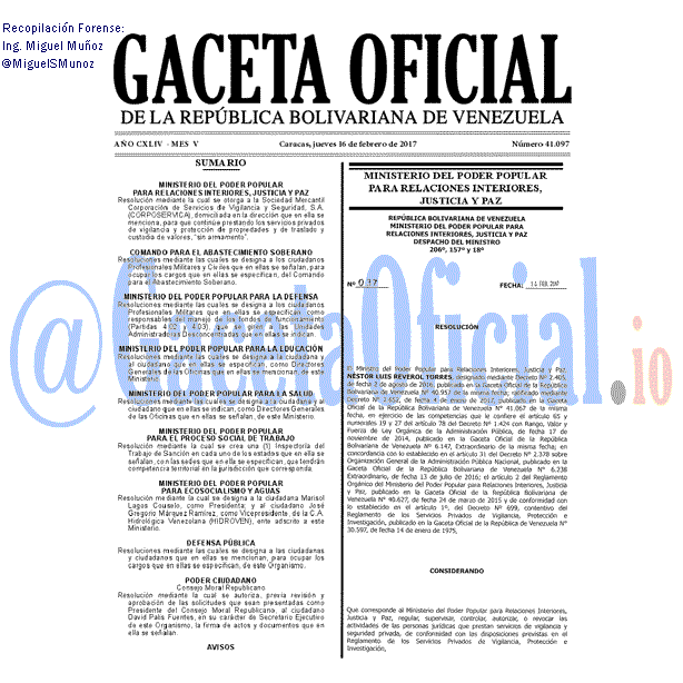 Gaceta Oficial 41097 del 16 febrero 2017 Gaceta Oficial 41097 del 16 febrero 2017