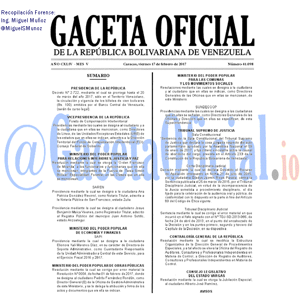 Gaceta Oficial 41098 del 17 febrero 2017 Gaceta Oficial 41098 del 17 febrero 2017