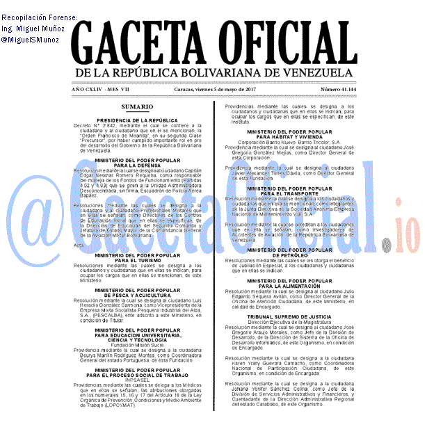 Gaceta Oficial 41144 del 5 mayo 2017 Gaceta Oficial 41144 del 5 mayo 2017
