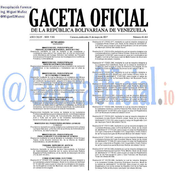 Gaceta Oficial 41162 del 31 mayo 2017