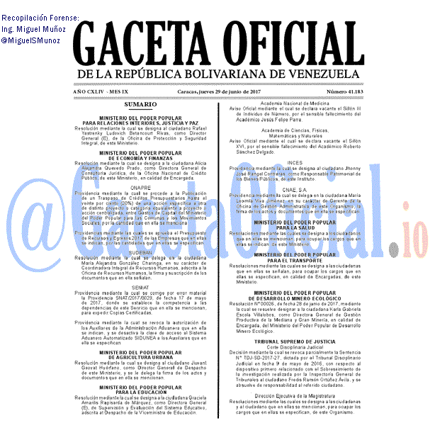 Gaceta Oficial 41183 del 29 junio 2017