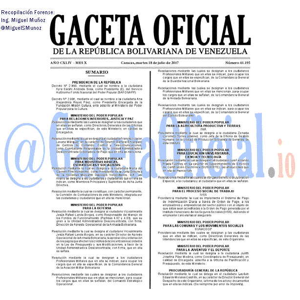 Gaceta Oficial 41195 del 18 julio 2017