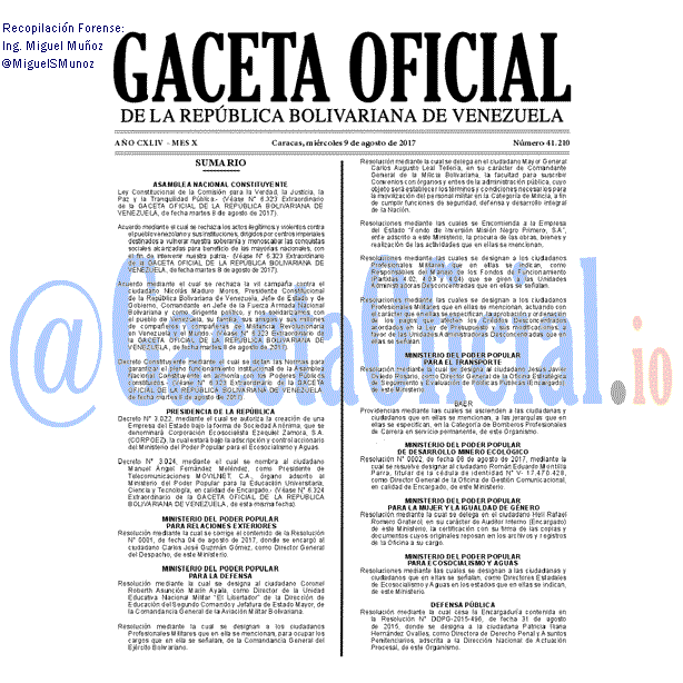 Gaceta Oficial 41210 del 9 agosto 2017 Gaceta Oficial 41210 del 9 agosto 2017