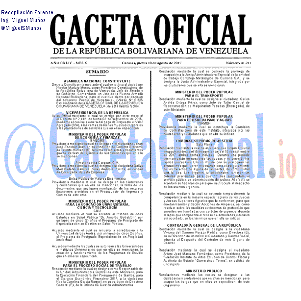 Gaceta Oficial 41211 del 10 agosto 2017