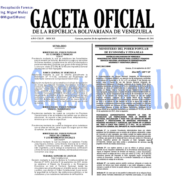 Gaceta Oficial 41244 del 26 septiembre 2017 Gaceta Oficial 41244 del 26 septiembre 2017
