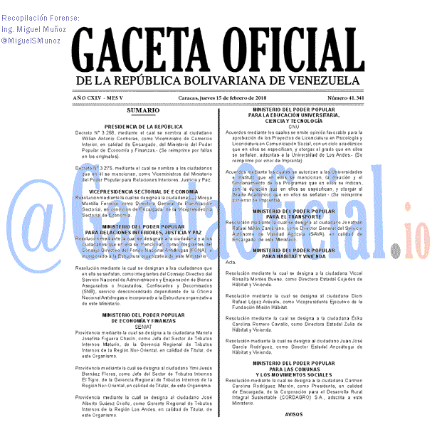 Gaceta Oficial 41341 del 15 Febrero 2018 Gaceta Oficial 41341 del 15 Febrero 2018