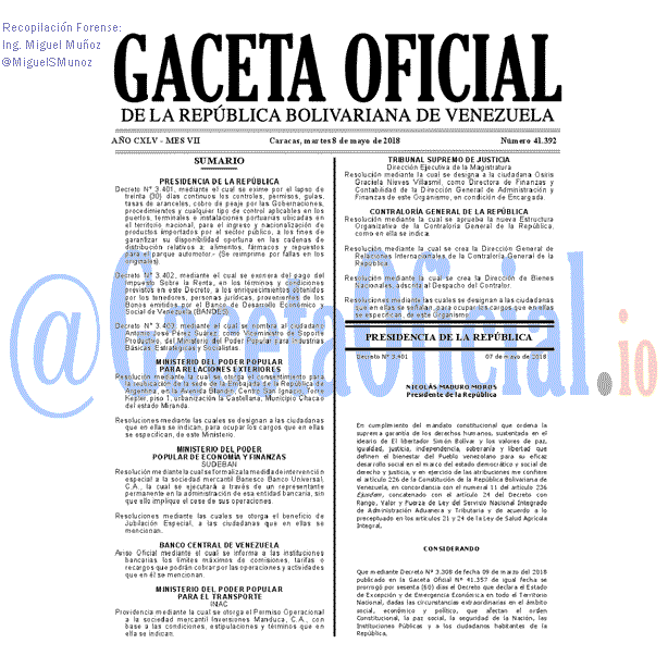 Gaceta Oficial 41392 del 8 mayo 2018