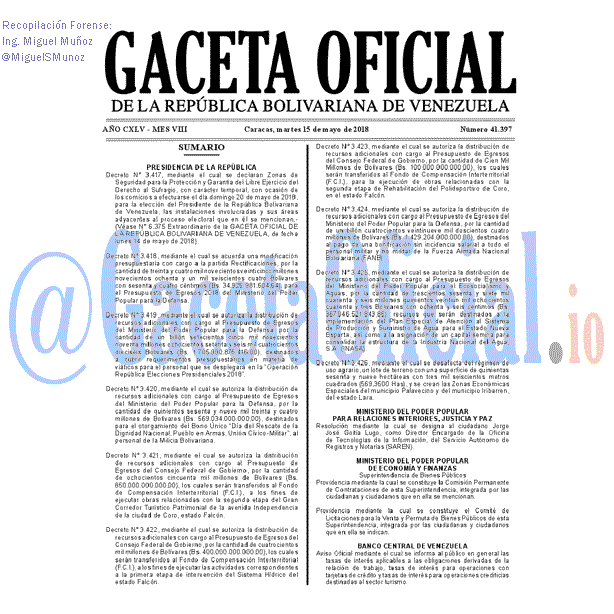 Gaceta Oficial 41397 del 15 mayo 2018