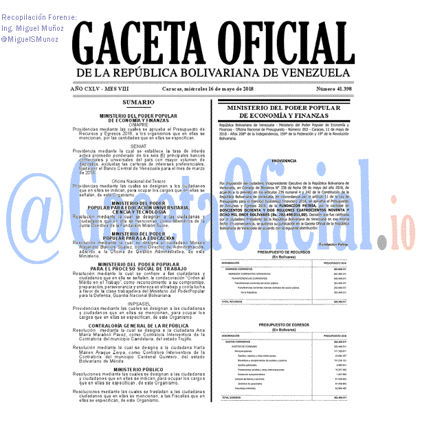 Gaceta Oficial 41398 del 16 mayo 2018