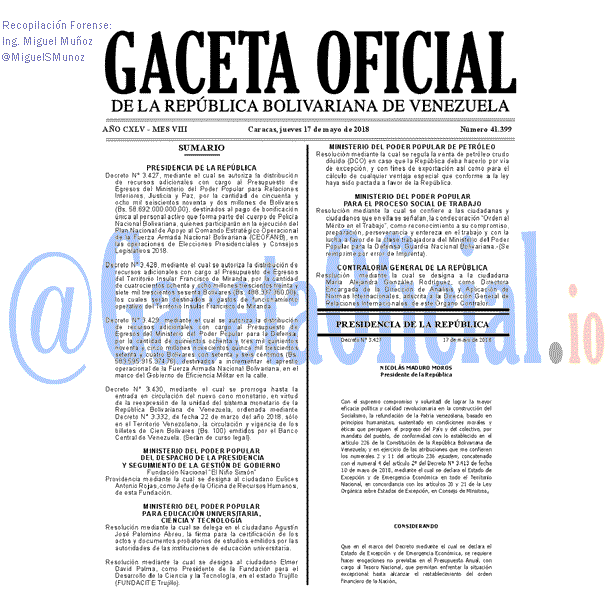 Gaceta Oficial 41399 del 17 mayo 2018