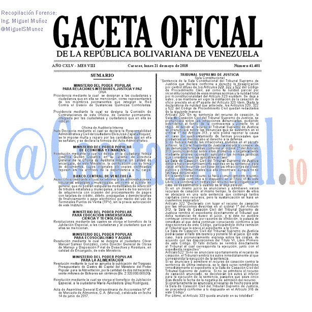 Gaceta Oficial 41401 del 21 mayo 2018