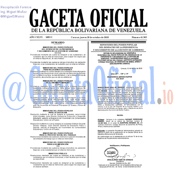 Gaceta Oficial 41505 del 18 Octubre 2018 Gaceta Oficial 41505 del 18 Octubre 2018