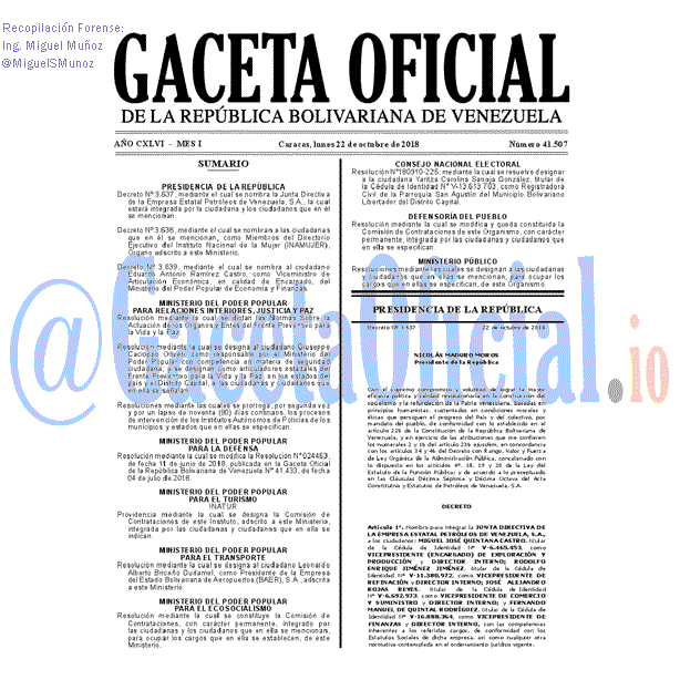 Gaceta Oficial 41507 del 22 Octubre 2018