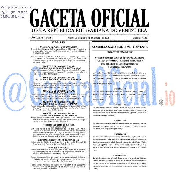 Gaceta Oficial 41514 del 31 Octubre 2018 Gaceta Oficial 41514 del 31 Octubre 2018