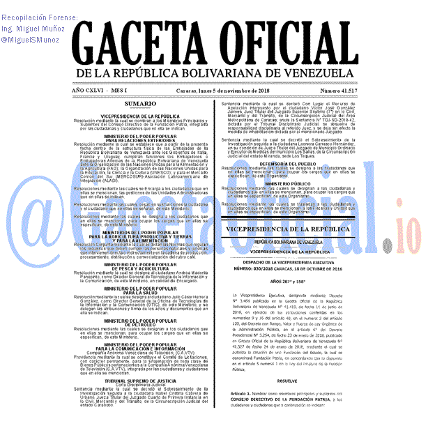 Gaceta Oficial 41517 del 5 Noviembre 2018