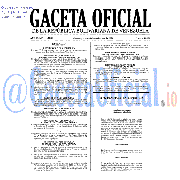 Gaceta Oficial 41520 del 8 Noviembre 2018 Gaceta Oficial 41520 del 8 Noviembre 2018