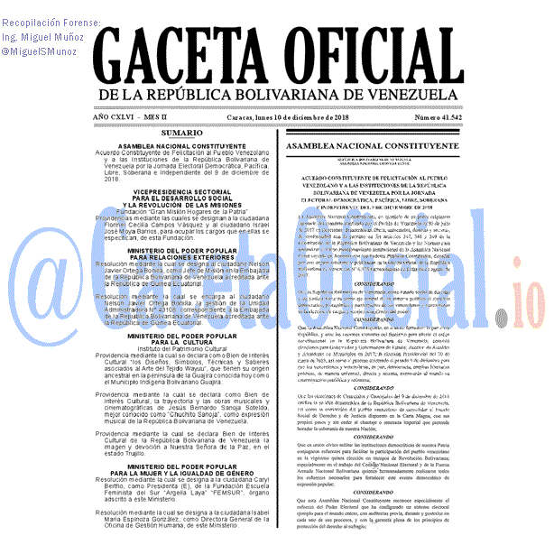 Gaceta Oficial 41542 del 10 Diciembre 2018 Gaceta Oficial 41542 del 10 Diciembre 2018