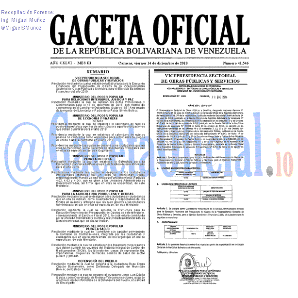 Gaceta Oficial 41546 del 14 Diciembre 2018 Gaceta Oficial 41546 del 14 Diciembre 2018