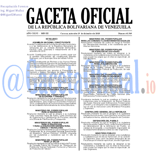 Gaceta Oficial 41549 del 19 Diciembre 2018