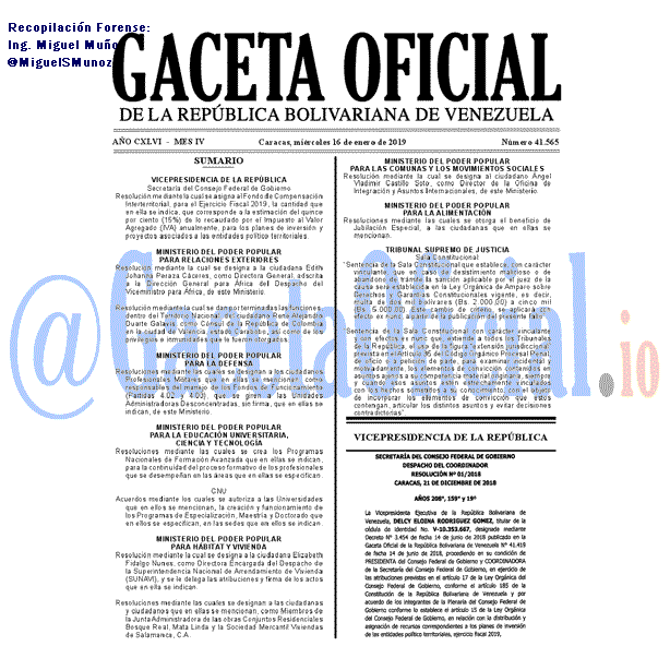 Gaceta Oficial 41565 del 16 Enero 2019