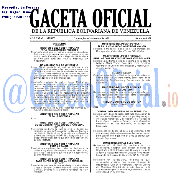 Gaceta Oficial 41573 del 28 Enero 2019