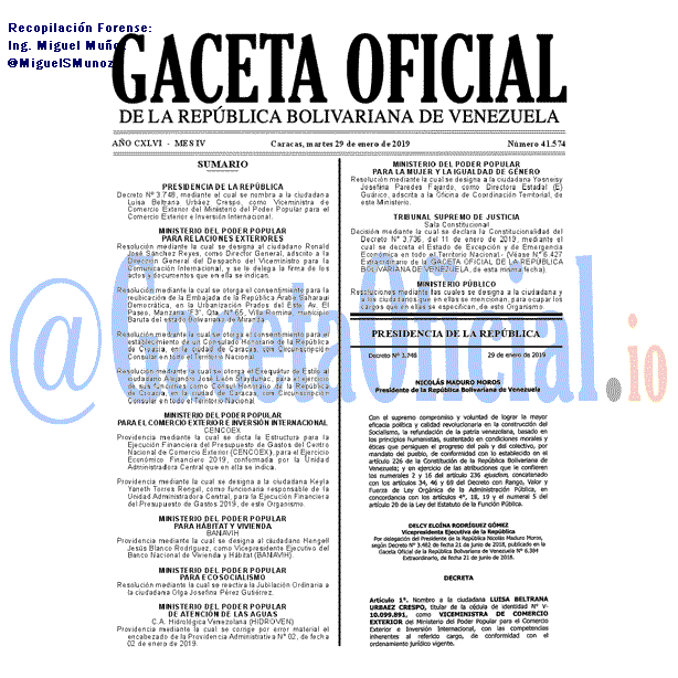 Gaceta Oficial 41574 del 29 Enero 2019