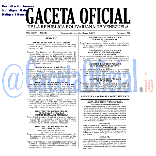 Gaceta Oficial 41580 del 6 Febrero 2019 Gaceta Oficial 41580 del 6 Febrero 2019