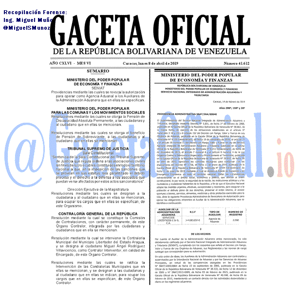Gaceta Oficial 41612 del 8 Abril 2019 Gaceta Oficial 41612 del 8 Abril 2019