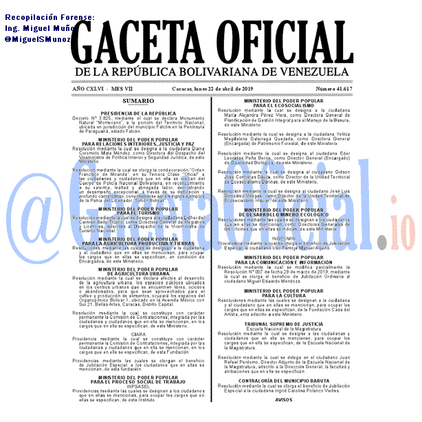 Gaceta Oficial 41617 del 22 Abril 2019 Gaceta Oficial 41617 del 22 Abril 2019