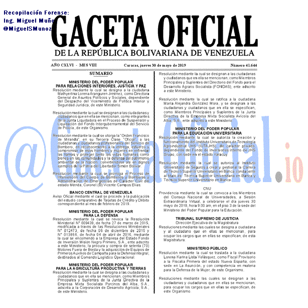 Gaceta Oficial 41644 del 30 Mayo 2019