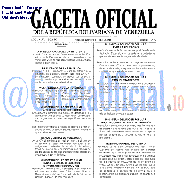 Gaceta Oficial 41670 del 9 Julio 2019 Gaceta Oficial 41670 del 9 Julio 2019