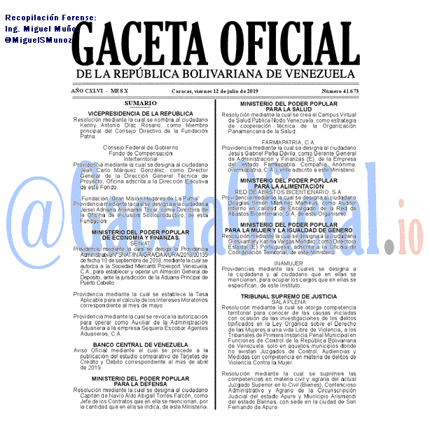 Gaceta Oficial 41673 del 12 Julio 2019