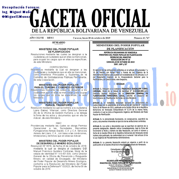 Gaceta Oficial 41747 del 28 Octubre 2019 Gaceta Oficial 41747 del 28 octubre 2019