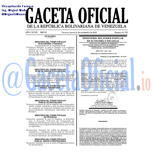 Gaceta Oficial 41765 del 21 noviembre 2019