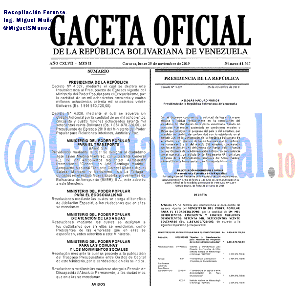 Gaceta Oficial 41767 del 25 noviembre 2019